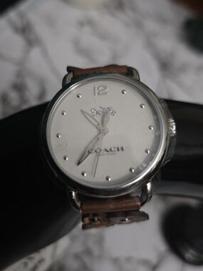 COACH Classic Silver-Tone Watch with Brown Leather Strap